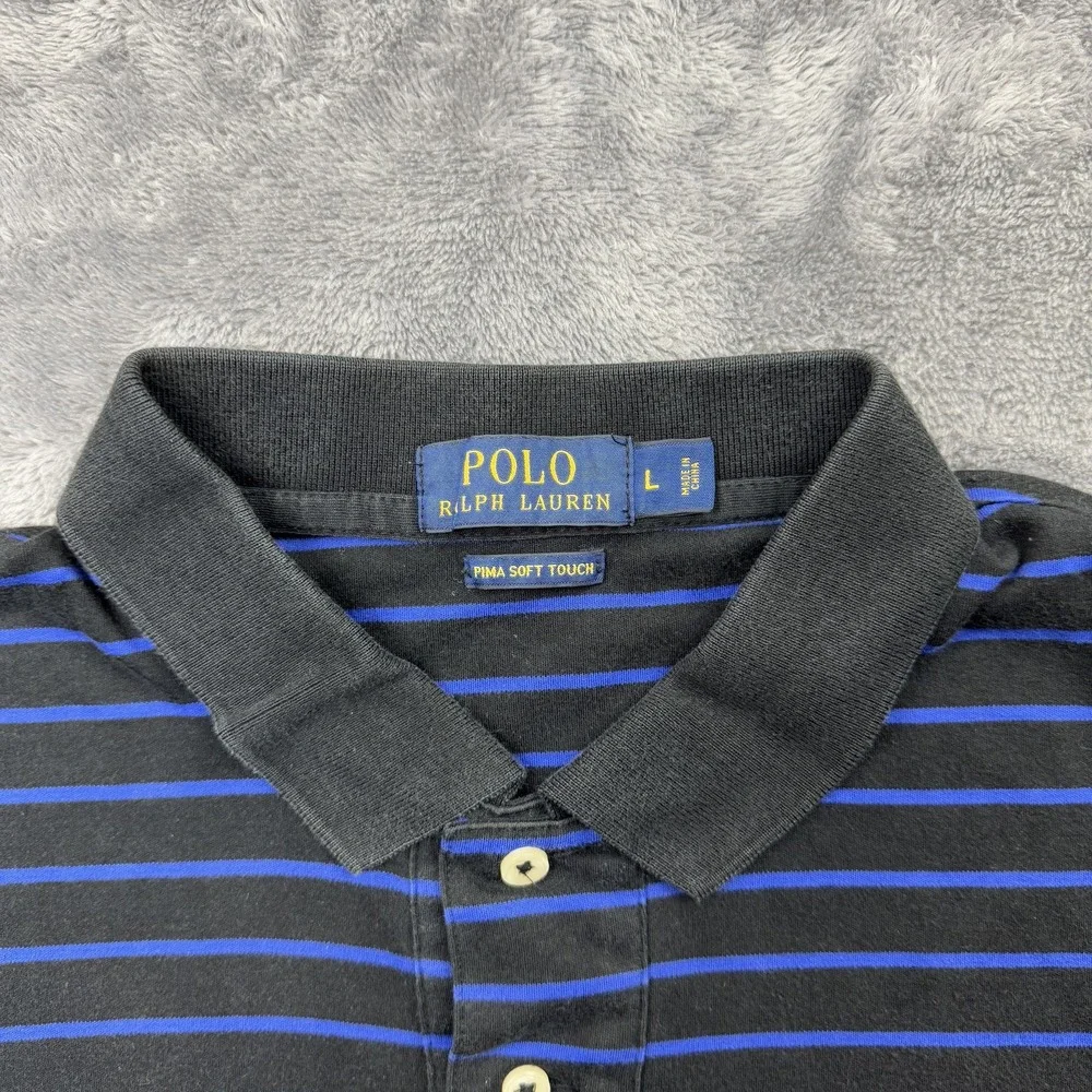 Polo Ralph Lauren Polo Mens L Black Blue Striped Pima Soft Touch Short Sleeve